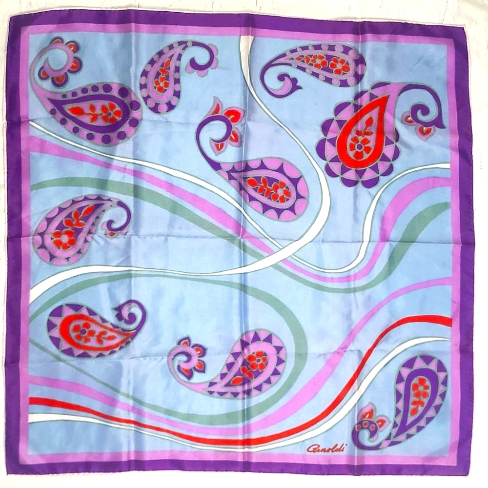 Arnoldi 26" square scarf Paisley Floral Striped Designer Print Signed Sky Blue